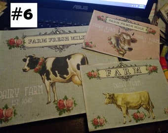 3PC shabby farm cows milk dairy roses Set Art Print vintage invitation barn country shabby primitive trending 2018 baby