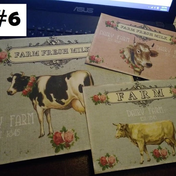 3PC shabby farm cows milk dairy roses Set Art Print vintage invitation barn country shabby primitive trending 2018 baby