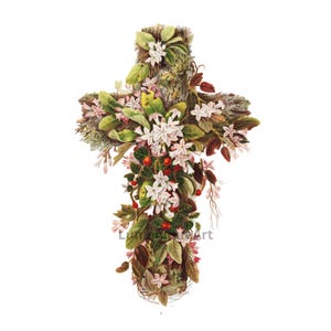 May include: A wooden cross adorned with white flowers, green leaves, and red berries. The cross is intricately detailed with a rustic texture, and the floral arrangement cascades down the vertical beam. The artwork has a vintage, botanical illustration style.