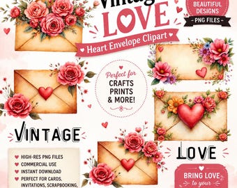 Vintage Heart Envelope Clipart, Floral Love Letter PNG, Romantic Digital Download for Crafts