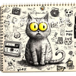May include: A whimsical sketch of a gray tabby cat with large yellow eyes, seated on a spiral-bound notepad. The cat is surrounded by doodles of cameras, houses, and the words "play" and "doon't play."