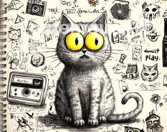 Grunge Doodle Cat Clipart PNG Hand-Drawn Kitten Stickers | 12 Scribble Notebook 300 DPI Commercial Junk Journal Download