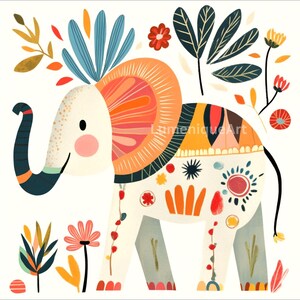 May include: A whimsical illustration of an elephant with a cream-colored body, adorned with colorful patterns and floral accents. The elephant features orange, yellow, and blue details, with the text "LumieniqueArt" visible. The artwork is set against a white background.