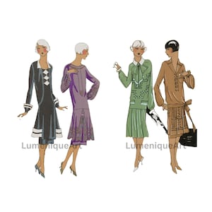 Può includere: Illustrazione di moda vintage con quattro donne in abiti flapper. Gli abiti sono in nero, viola, verde e marrone, con dettagli e abbellimenti intricati. L'immagine presenta il testo "LumeniqueArt".