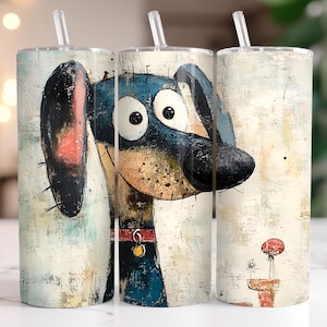 Envoltorio para vaso de 20 oz con un cachorro de ojos grandes y adorable ilustración de perro con expresión alegre. Diseño de sublimación de fantasía para amantes de los animales.