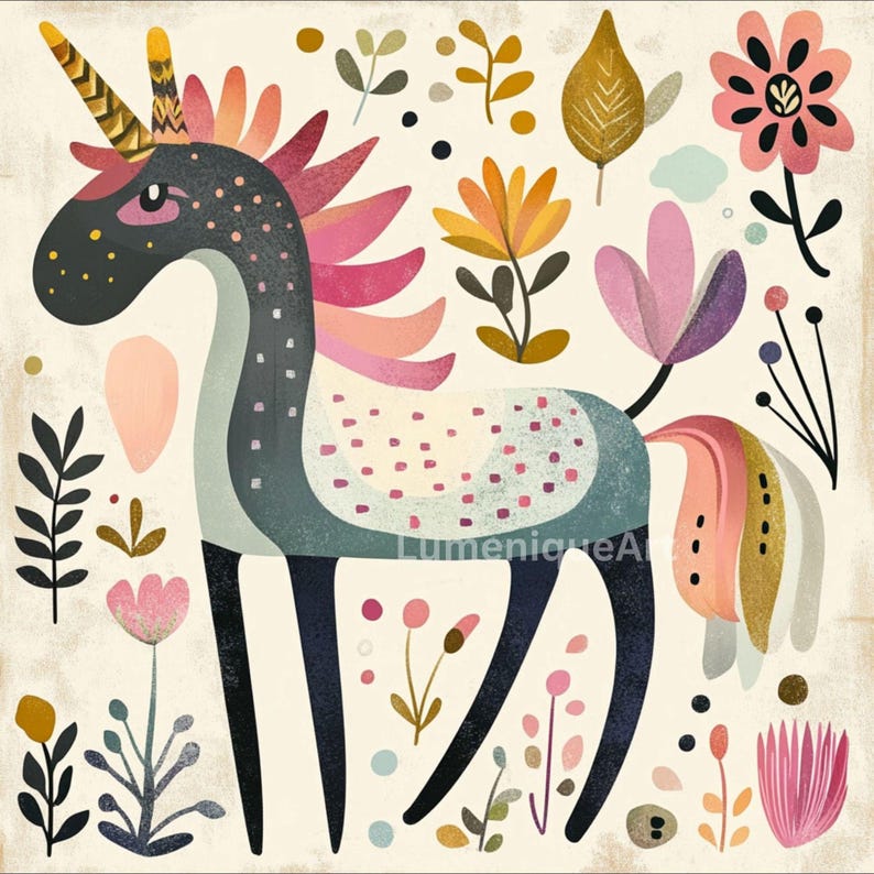 May include: A whimsical illustration of a unicorn with a patterned horn, mane, and tail, surrounded by stylized flowers and foliage. The unicorn has a blue-gray body with pink and peach accents, set against a cream background.
