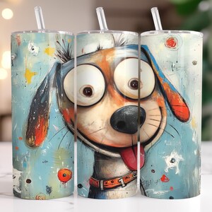 Envoltorio para vaso de 593 ml con un cachorro bobo y caprichoso: perro de ojos grandes con la lengua afuera y salpicaduras de pintura de colores. Diseño de sublimación divertido para amantes de las mascotas.