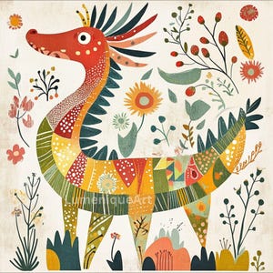 May include: Colorful illustration of a whimsical dragon with a red head and patterned body. The dragon is surrounded by flowers and foliage in shades of orange, yellow, green, and blue. The artwork has a folk art style and the text "LumeriqueArt" is visible.