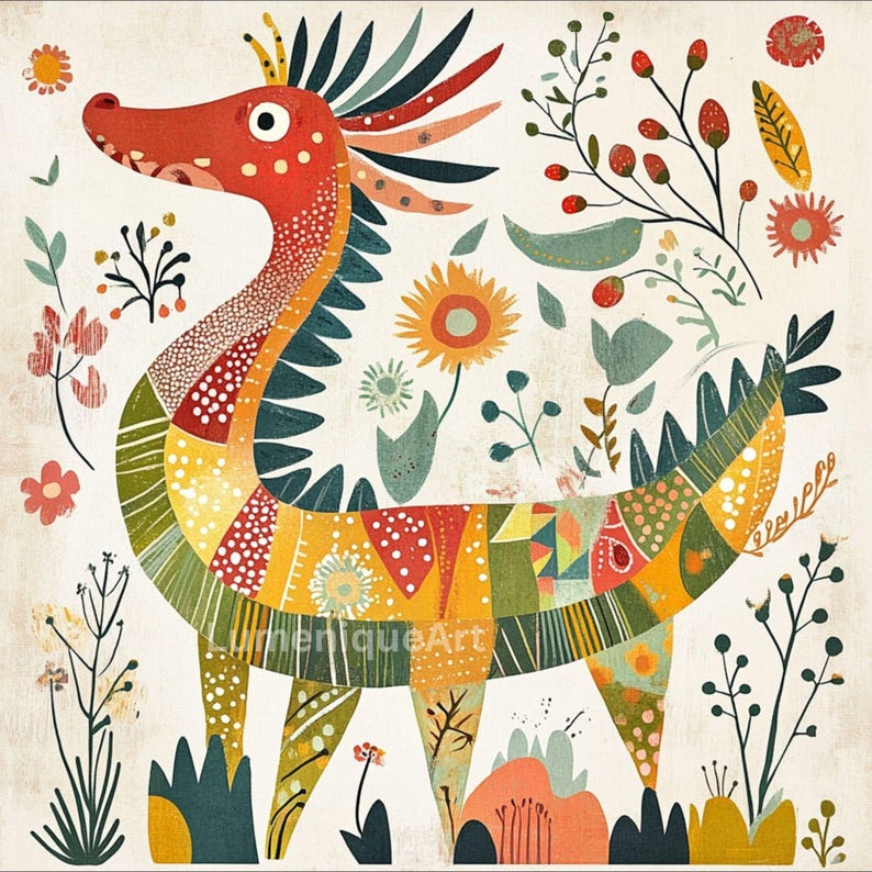 May include: Colorful illustration of a whimsical dragon with a red head and patterned body. The dragon is surrounded by flowers and foliage in shades of orange, yellow, green, and blue. The artwork has a folk art style and the text "LumeriqueArt" is visible.