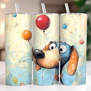 Envoltorio para vaso de 20 oz con forma de perro globo: cachorro gracioso con orejas caídas y ojos grandes. Diseño de sublimación de globos coloridos para amantes de las mascotas.