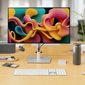 May include: A modern computer monitor with a vibrant abstract design on the screen. The display is supported by a silver stand, and sits on a light wood desk. A white keyboard, stapler, and other office supplies are also visible.