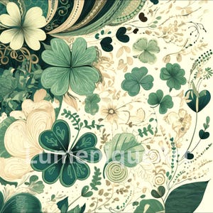 May include: A digital illustration with a repeating pattern of green shamrocks, flowers, and foliage on a cream background. The design incorporates various shades of green and cream, creating a botanical theme. The image has a watercolor effect.