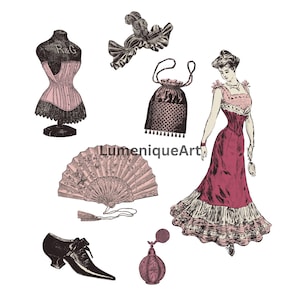 Può includere: Un'illustrazione di accessori di moda vintage, tra cui un corsetto, un ventaglio, una borsa, una scarpa, un flacone di profumo e una donna in un abito lungo. La tavolozza dei colori è principalmente rosa, nero e bianco, con dettagli intricati.
