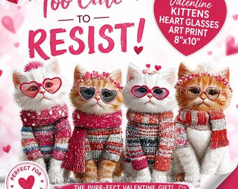 Valentine Kittens Heart Glasses Art | 8 Adorable Sweater Kitten JPEGs 300 DPI 3840x3840 Nursery Scrapbook POD Download