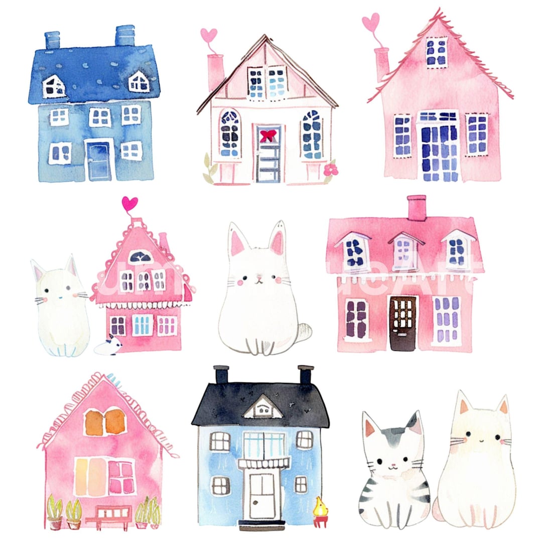 Watercolor Nursery Clipart Whimsical Houses Animals PNG| 8 Hand Drawn ...