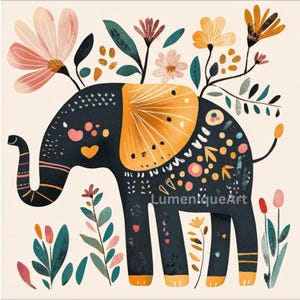 May include: A whimsical illustration of a dark blue elephant adorned with orange and yellow accents, and floral embellishments. The elephant is decorated with hearts and other decorative elements. The image includes the text "LumeniqueArt".