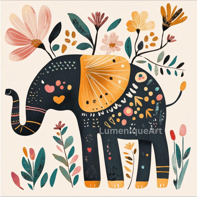 May include: A whimsical illustration of a dark blue elephant adorned with orange and yellow accents, and floral embellishments. The elephant is decorated with hearts and other decorative elements. The image includes the text "LumeniqueArt".
