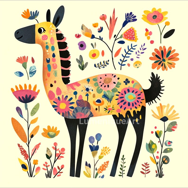May include: A whimsical illustration of a llama adorned with colorful floral patterns. The llama has a yellow body, black legs, and a black mane. Surrounding the llama are various flowers in shades of pink, orange, blue, and yellow.
