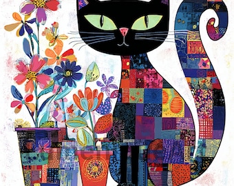 Patchwork Cat Art Prints Digital Download | 5 Whimsical Feline Designs Printable JPG | Scrapbook Junk Journal Cat Lover Gifts Commercial Use