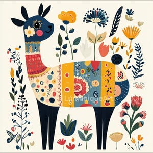 May include: A whimsical illustration of a llama adorned with colorful floral patterns and surrounded by stylized flowers and foliage. The llama has a blue head, a red and yellow patterned neck, and a patterned body. The image has the text "LumiuniqueArt".