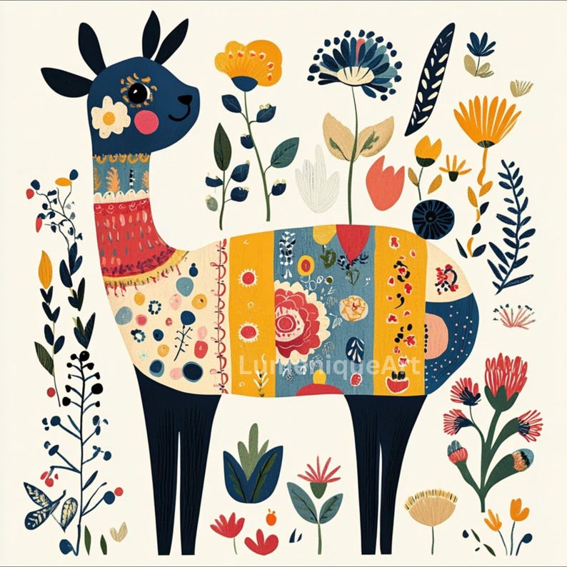 May include: A whimsical illustration of a llama adorned with colorful floral patterns and surrounded by stylized flowers and foliage. The llama has a blue head, a red and yellow patterned neck, and a patterned body. The image has the text "LumiuniqueArt".
