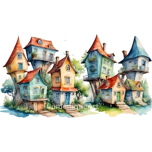 Skurrile Stadt Clipart: Fantasy Dorf Aquarell PNGs, Märchenhäuser, Kartenherstellung, Scrapbooking, Grafiken für kommerzielle Nutzung