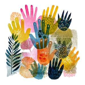 Puede incluir: Ilustración colorida con formas de manos superpuestas en varios colores, incluyendo rosa, amarillo, azul y naranja. Las manos están decoradas con patrones y elementos florales, con la palabra "Lumenique" visible.