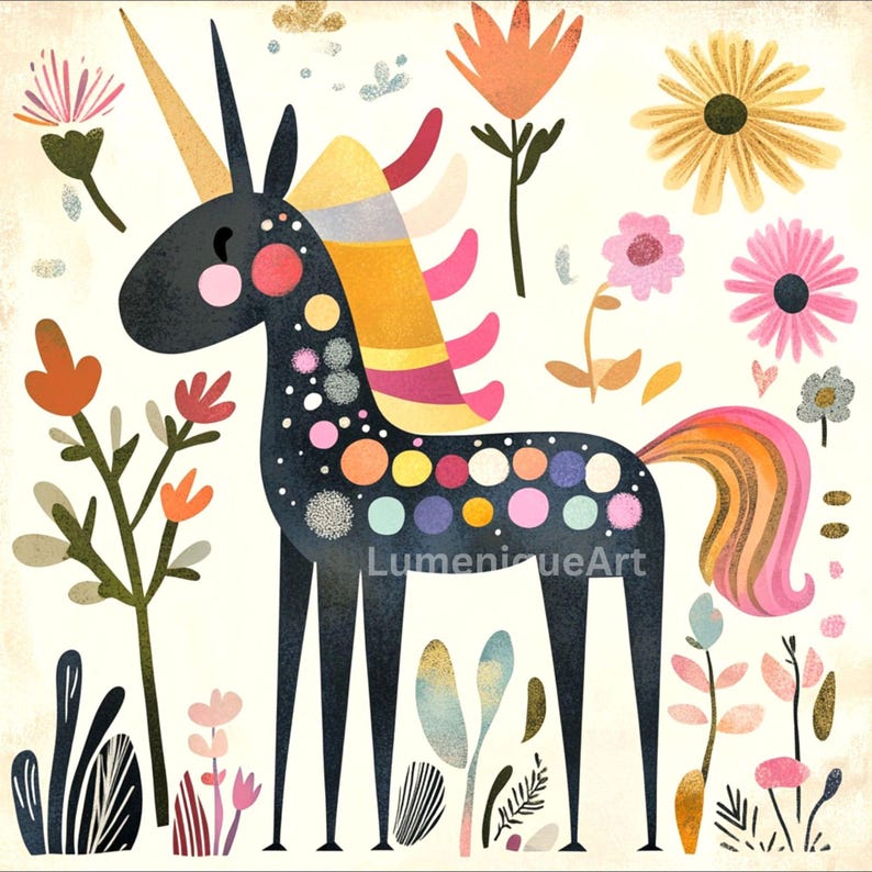 May include: A whimsical illustration of a black unicorn with a golden horn and a colorful mane and tail. The unicorn is adorned with polka dots in various colors. Surrounding the unicorn are stylized flowers and foliage in shades of orange, pink, and green.