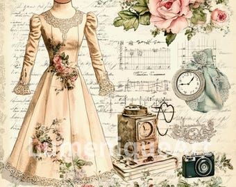 Vintage Fashion Sewing Clipart Collage Sheet Decoupage 11 Designs 300 DPI 12x12 High-Res Commercial Junk Journal Scrapbook Digital Download