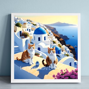 Santorini Cats Art Print: Whimsical Greek Island Illustration (Digital Download)