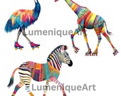 Whimsical Roller Skate Animal Clipart PNG Funny Hippo Giraffe Tiger | 300 DPI Sublimation Scrapbook Digital Download