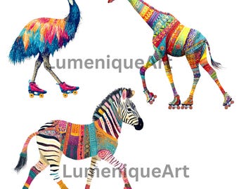 Whimsical Roller Skate Animal Clipart PNG Funny Hippo Giraffe Tiger | 300 DPI Sublimation Scrapbook Digital Download