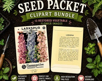 Imágenes prediseñadas PNG de paquetes de semillas vintage, 13 gráficos restaurados de verduras y flores para manualidades