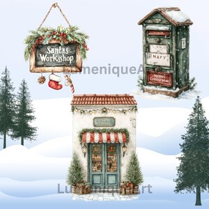 Op de afbeelding: Waterverfillustratie met kerstthema's. Bevat een bord met "Santa's Workshop", een groene brievenbus met "Merry Christmas" en een winkel met een rood-wit gestreepte luifel, alles in een besneeuwd landschap.