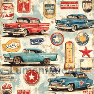 May include: Vintage-style pattern featuring classic cars in red and blue, alongside retro signs and star emblems. The design has a distressed, aged look with a light blue background, evoking a nostalgic feel.