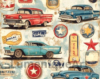 Retro Classic Cars Pattern Mid-Century Collage | 8 Automotive Designs 300 DPI JPEG Junk Journal Commercial Download