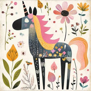 May include: A whimsical illustration of a unicorn with a black horn, a blue body adorned with floral patterns, and a pink and yellow mane. The artwork features colorful flowers and foliage on a cream background, creating a cheerful, fairytale theme.