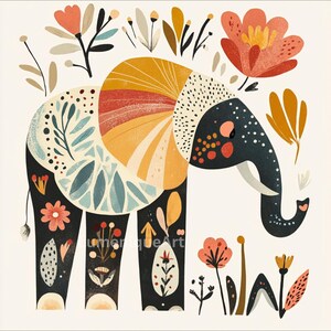 May include: A colorful illustration of an elephant with floral patterns and accents. The elephant is primarily black with details in orange, yellow, and blue. The image includes various stylized flowers and foliage, set against a cream background. The text "umeriqueArt" is visible.