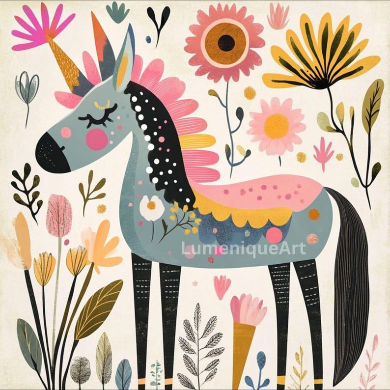 May include: A whimsical illustration of a unicorn surrounded by colorful flowers and foliage. The unicorn is primarily blue with a black mane and tail, a golden horn, and pink accents. The artwork has a soft, pastel color palette.