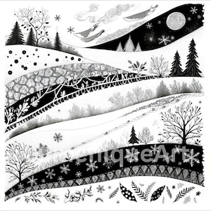 May include: Black and white winter landscape art print featuring rolling hills, trees, snowflakes, and a full moon. The artwork has a whimsical, illustrative style with intricate patterns and textures. The word "UniqueArt" is visible in the image.
