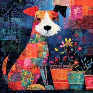 May include: A vibrant illustration of a dog in a patchwork style, with a white face and black ears. The dog is positioned in front of three flower pots with colorful flowers. The background is a dark blue with various patterns.