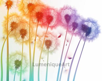 Rainbow Dandelion Watercolor Clipart PNG Bundle | 15 Vibrant Seeds Wind Designs 300 DPI JPEG Printable Junk Journal Scrapbook Commercial Use