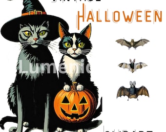 以下が含まれることがあります： ヴィンテージハロウィーンのクリップアート。魔女の帽子をかぶった猫と彫刻されたカボチャが描かれています。画像にはコウモリと「Vintage Halloween Clipart」の文字が黒とオレンジで含まれています。