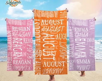 Serviette de plage personnalisée, serviette de piscine avec nom personnalisé, serviette de plage monogrammée, cadeau de vacances en famille, cadeau d'anniversaire, cadeau pour un voyage entre filles, cadeau de rentrée scolaire