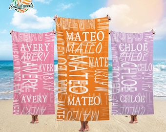 Gepersonaliseerde strandhanddoek, strandvakantiecadeau, Vaderdagcadeau, aangepast vrijgezellenfeestcadeau, badhanddoek naam, kinderzwembadhanddoek