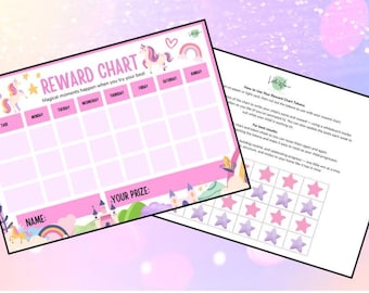 May include: A pink and white reward chart with a unicorn and rainbow theme. The chart has spaces for each day of the week and a section for the prize. A second page provides instructions and star tokens.