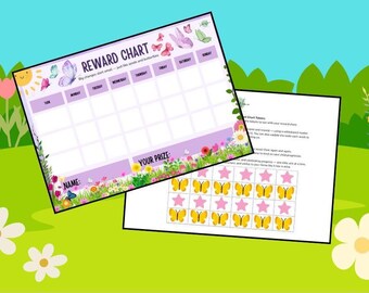 May include: A colorful reward chart with a butterfly theme. The chart has spaces for each day of the week and a section for a prize. Includes a sheet of butterfly and star stickers. The background is a green meadow with flowers.