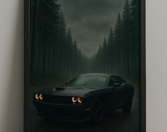Dodge Challenger Poster – Dark Forest Muscle Car Wall Art, Modern Dodge Print for Car Enthusiasts