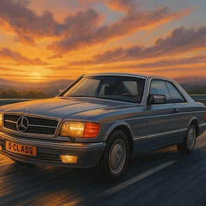 May include: A gray Mercedes-Benz S-Class coupe is shown driving on a highway at sunset. The car has a classic design with a prominent front grille and the S-Class badge. The sky is filled with orange and yellow hues.