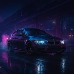 May include: A dark blue sports car with illuminated headlights and taillights on a wet road. The car is set against a backdrop of purple and blue neon lighting, with a blurred background of city lights and a bridge.